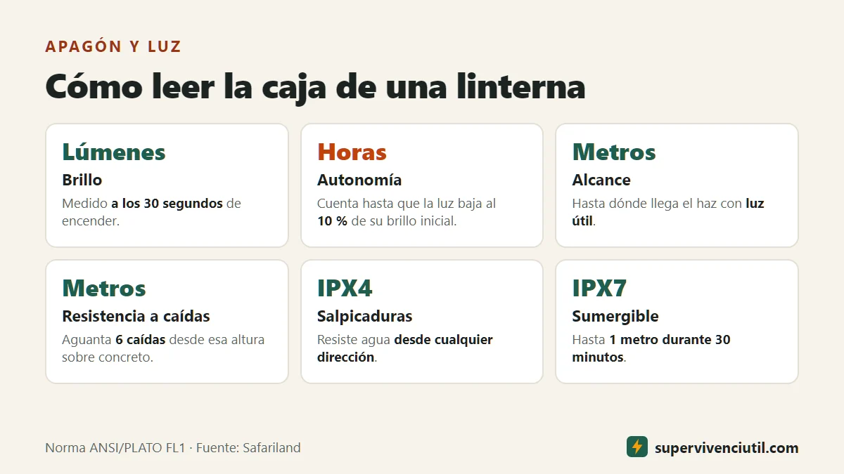 Infografía: cómo leer la caja de una linterna según la norma ANSI FL1: lúmenes, autonomía hasta el 10 % de brillo, alcance, resistencia a caídas e IPX4 o IPX7.