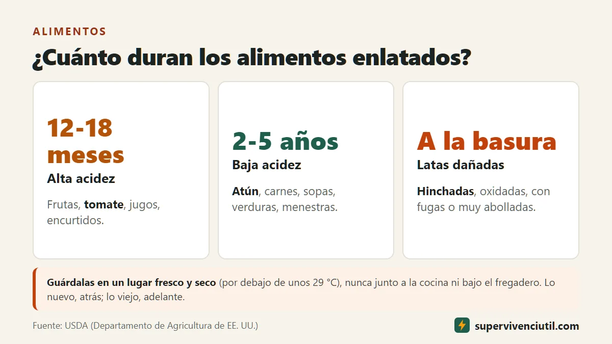 Infografía: cuánto duran los alimentos enlatados: los de alta acidez (frutas, tomate, jugos) de 12 a 18 meses; los de baja acidez (atún, carnes, sopas, verduras) de 2 a 5 años; las latas hinchadas, oxidadas o muy abolladas se desechan.