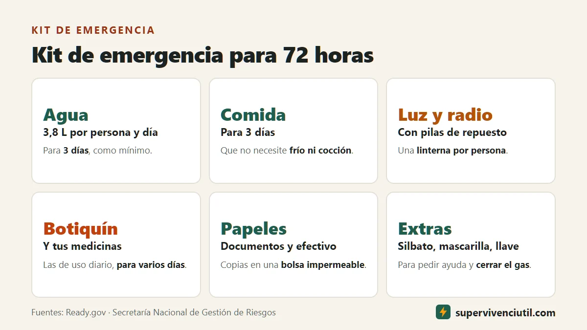 Infografía: kit de emergencia para 72 horas: agua (3,8 litros por persona y día), comida para 3 días, luz y radio, botiquín y medicinas, documentos y efectivo, y silbato, mascarilla y llave para cerrar el gas.