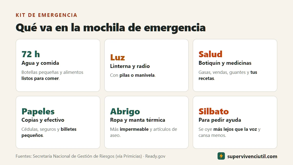 Infografía: qué va en la mochila de emergencia: agua y comida para 72 horas, linterna y radio, botiquín y medicinas, copias de documentos y efectivo, ropa y manta térmica, y un silbato para pedir ayuda.