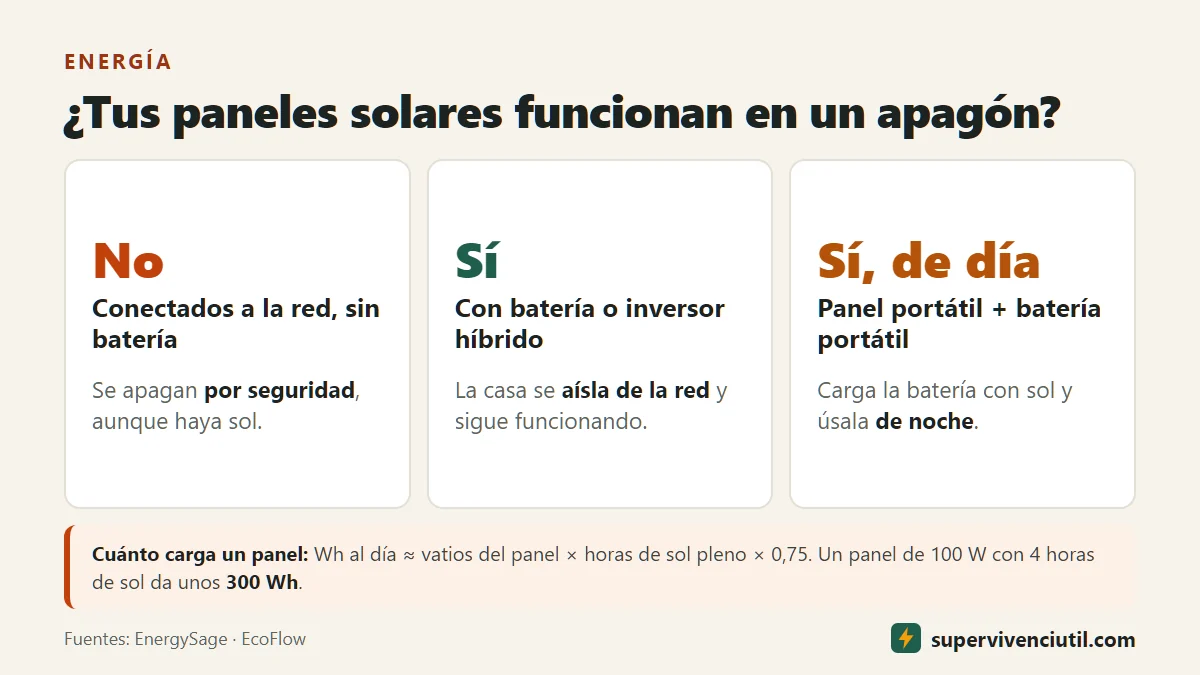 Infografía: los paneles solares conectados a la red sin batería se apagan en un apagón; con batería o inversor híbrido siguen funcionando; un panel portátil con una batería portátil carga de día para usar de noche. Un panel de 100 W con 4 horas de sol da unos 300 Wh.