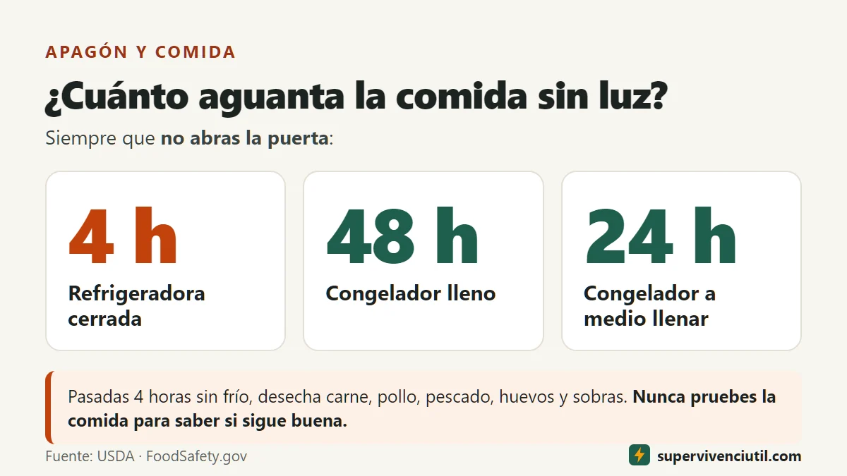Infografía: con la puerta cerrada, la refrigeradora mantiene la comida segura unas 4 horas; un congelador lleno, unas 48; uno a medio llenar, unas 24.